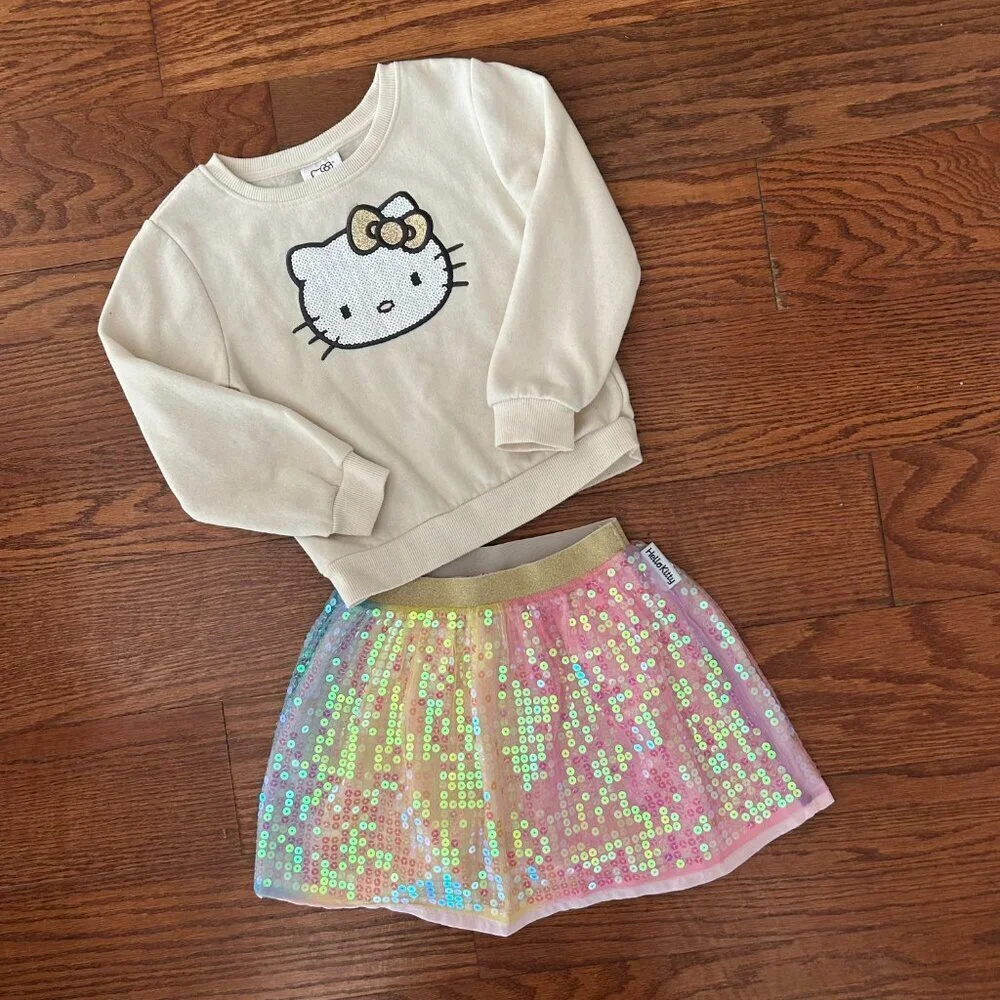 Hello Kitty Girls Size 5 Size 6 Fleece Sweatshirt Matching Sequin Skirt Outfit